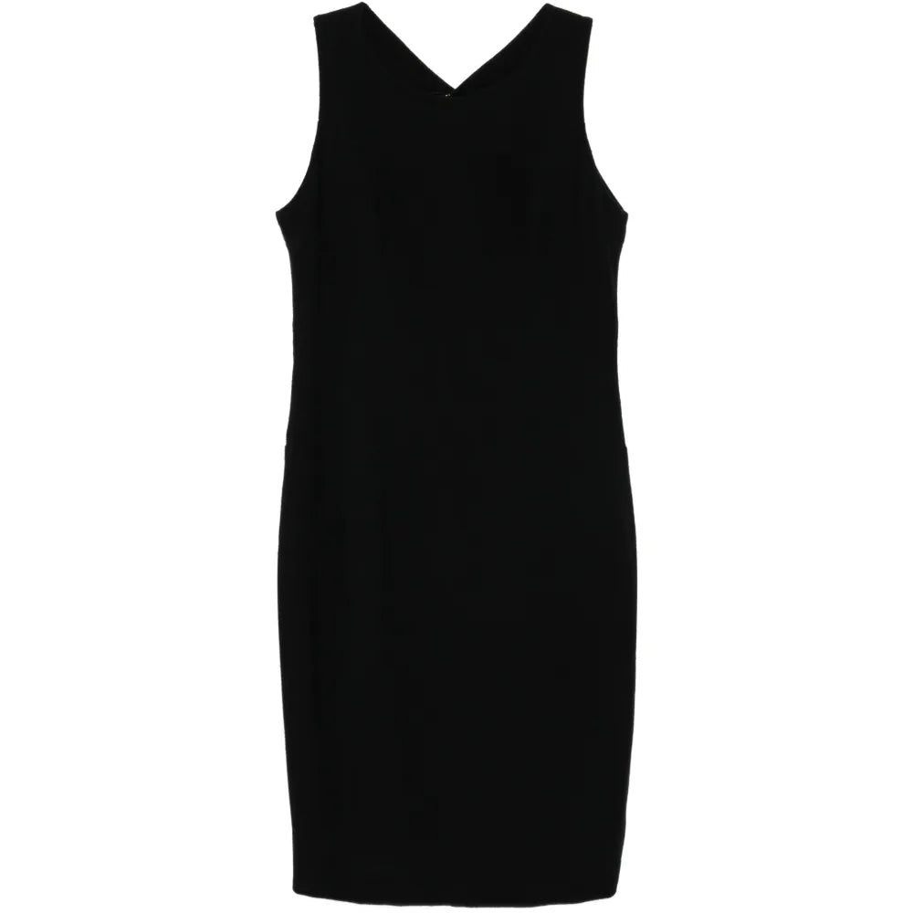 Black wool sleeveless sheath dress by Chanel, tailored fit with a sleek silhouette, perfect for elegant occasions.