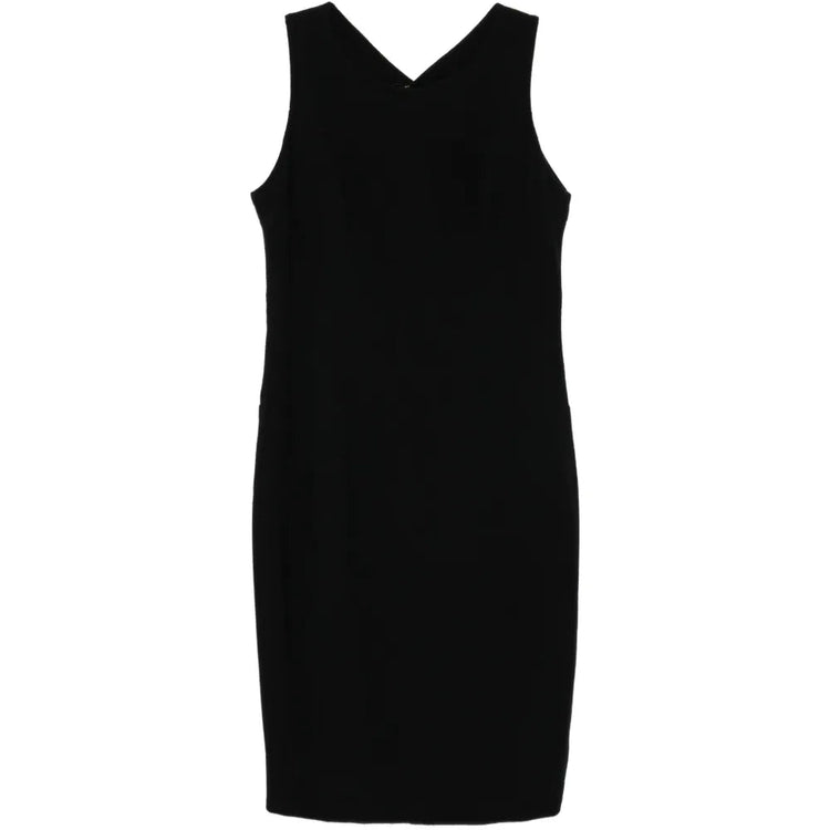 Black wool sleeveless sheath dress by Chanel, tailored fit with a sleek silhouette, perfect for elegant occasions.