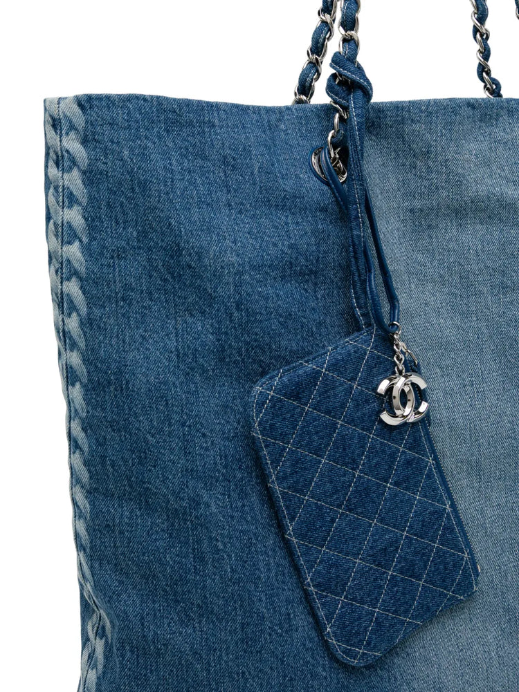 Chanel denim shopper bag with top handle, featuring classic design and durable denim material for versatile style.