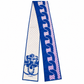 Chanel blue, ivory and violet silk scarf with polka dot print, graphic wave pattern and decorative chain and floral motif.