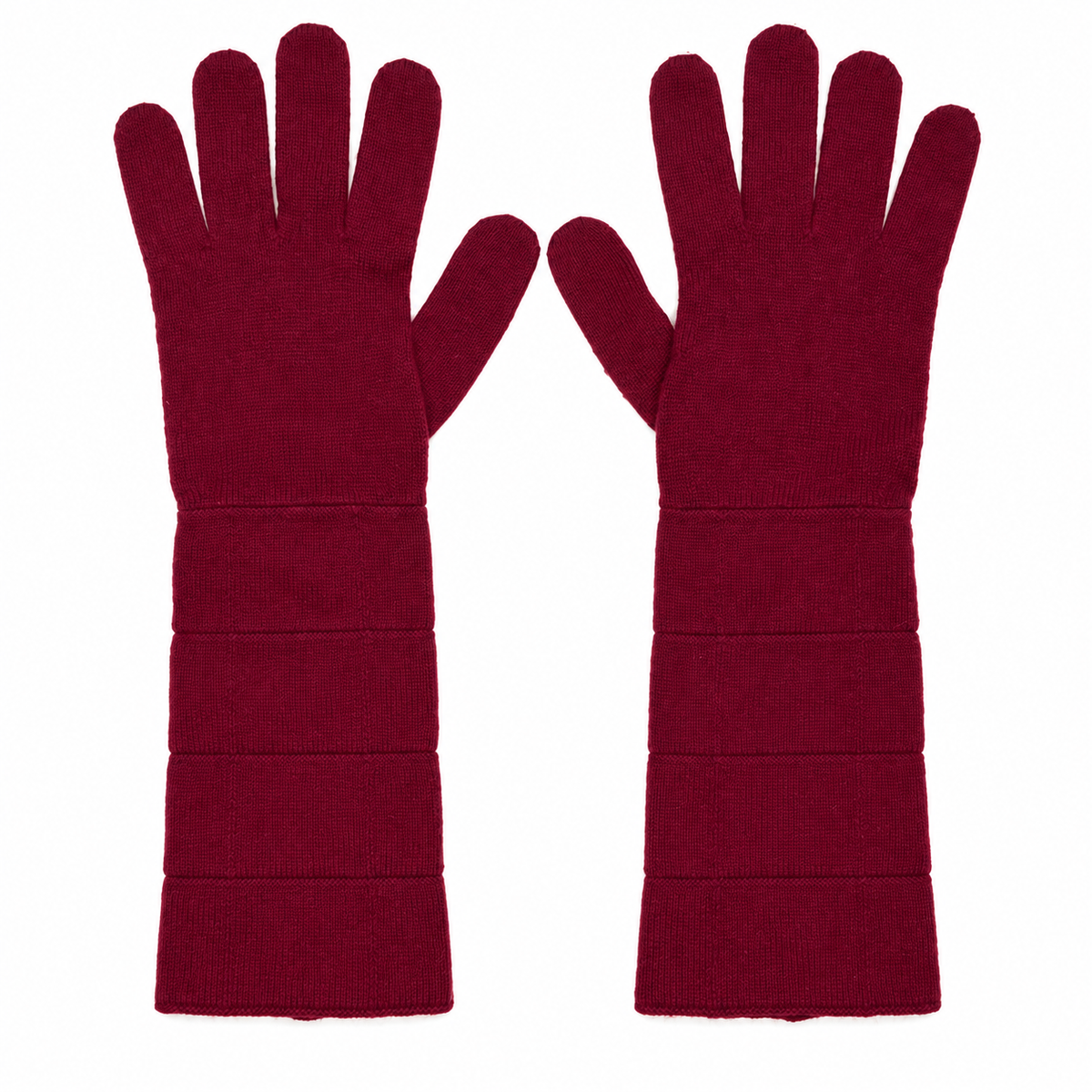 Chanel burgundy red cashmere gloves with elongated cuffs and tonal raised interlocking CC logo at the wrist.