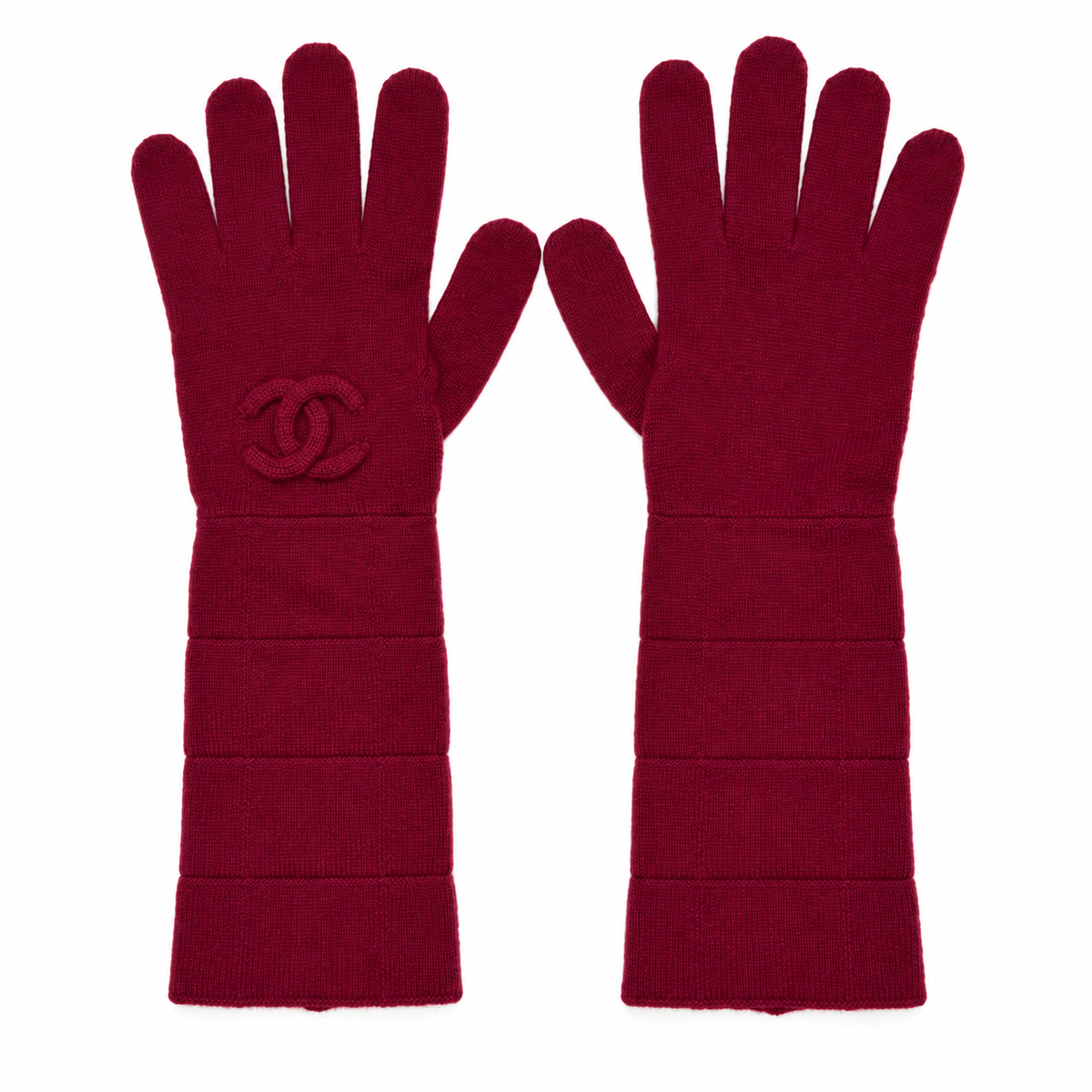 Chanel burgundy red cashmere gloves with elongated cuffs and tonal raised interlocking CC logo at the wrist.