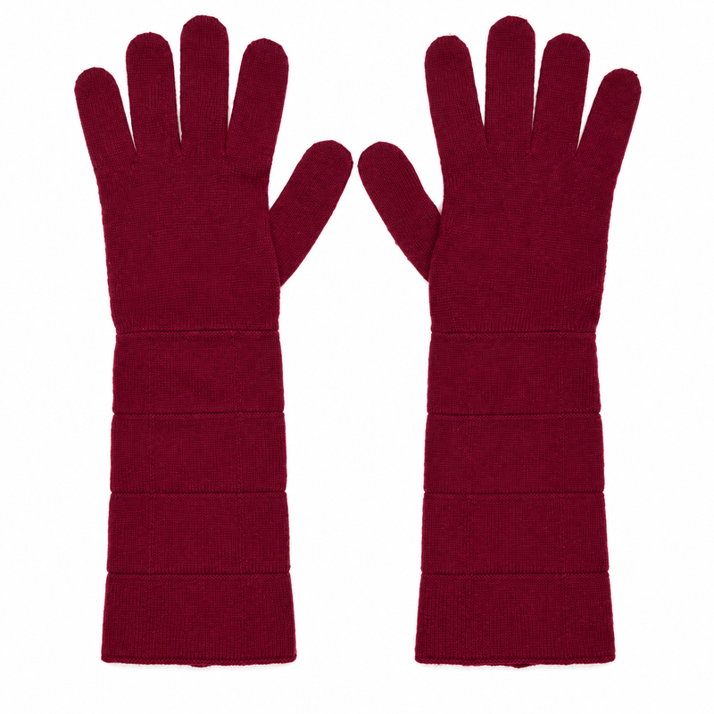 Chanel burgundy red cashmere gloves with elongated cuffs and tonal raised interlocking CC logo at the wrist.