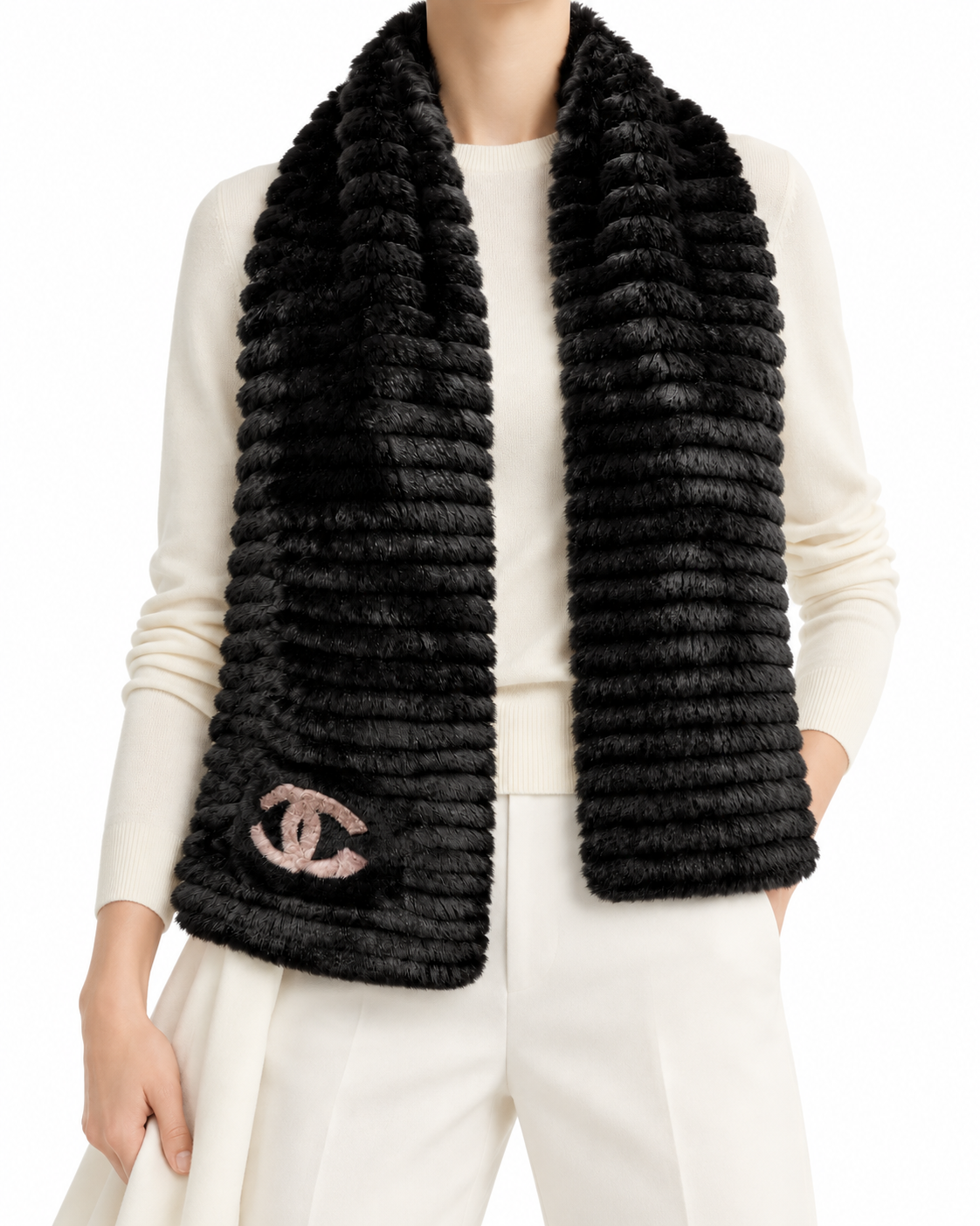 Black wool and Orylag scarf by Chanel featuring a luxurious fabric design with intricate details and elegant styling.