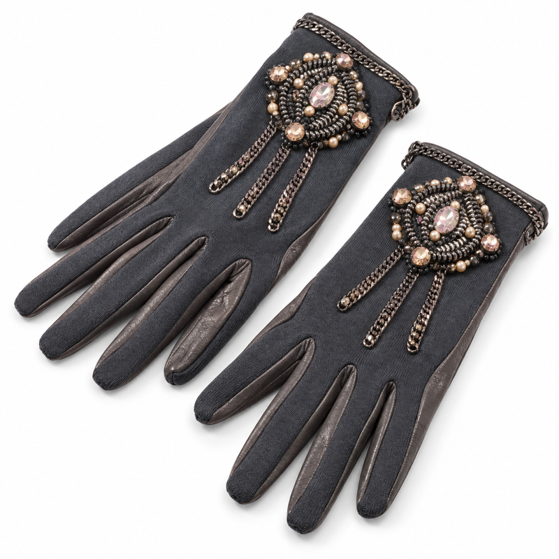 Chanel grey embellished gloves with gunmetal chain embroidery, made of cotton jersey and lambskin for stylish winter wear.
