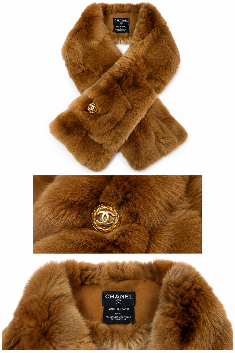 Chanel caramel Orylag fur scarf draped elegantly, showcasing luxurious soft fur and stylish design for sophisticated winter wear.
