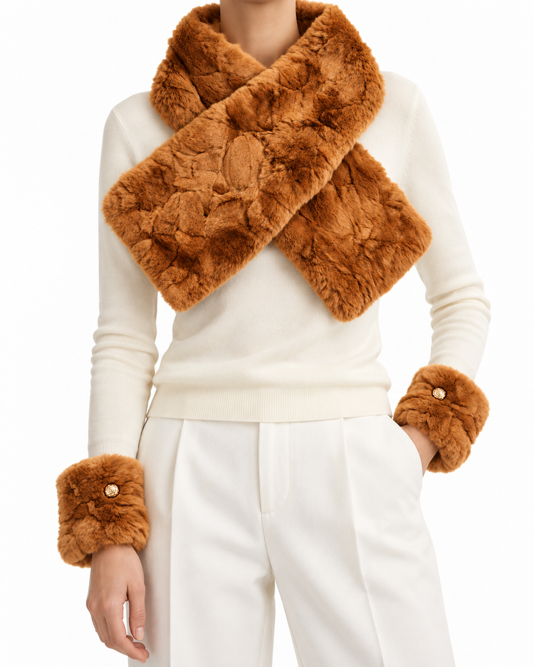 Chanel caramel Orylag fur scarf draped elegantly, showcasing luxurious soft fur and stylish design for sophisticated winter wear.