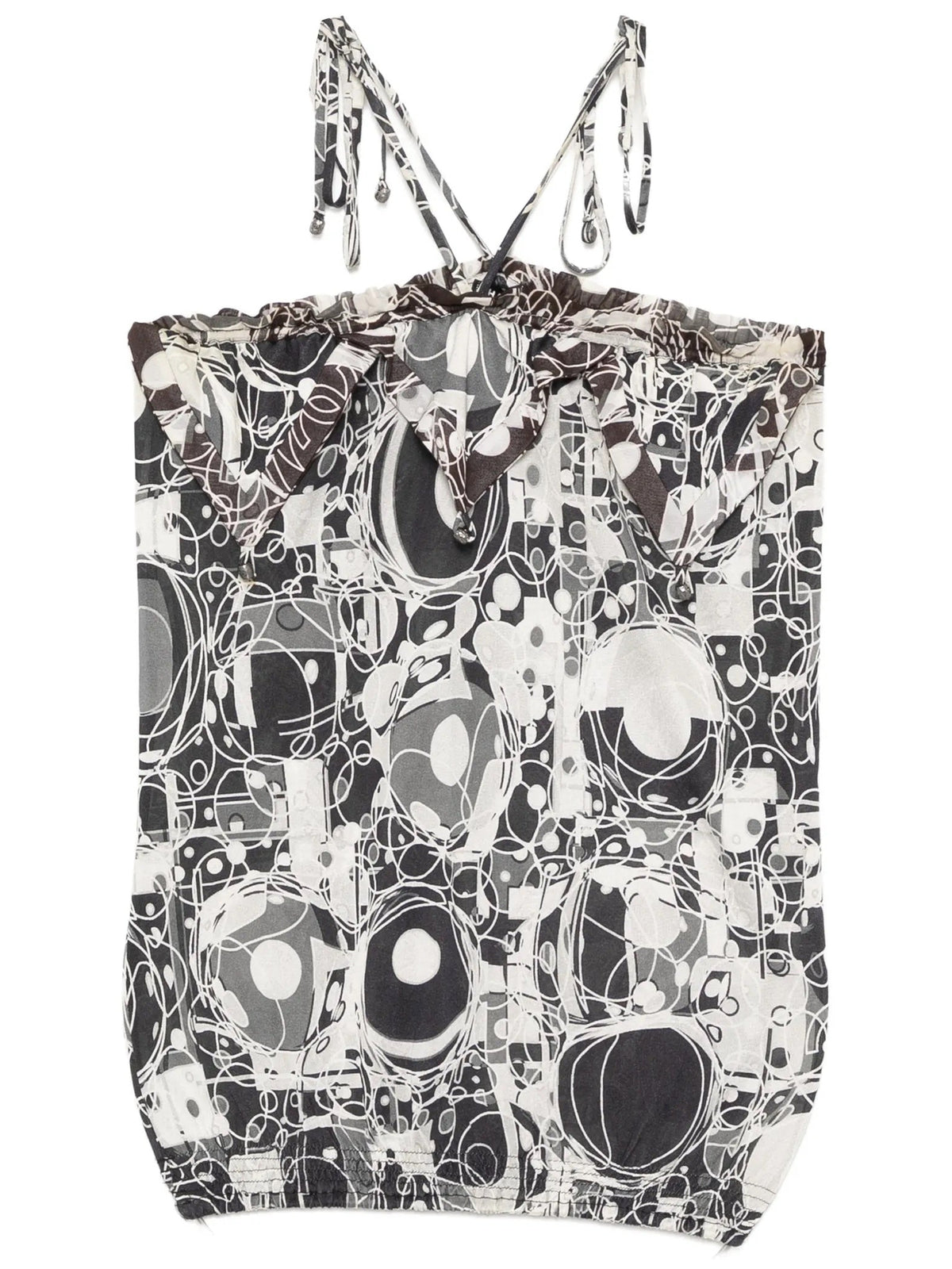 Chanel monochrome printed silk halterneck top with sleek design and elegant drape, showcased on a model.