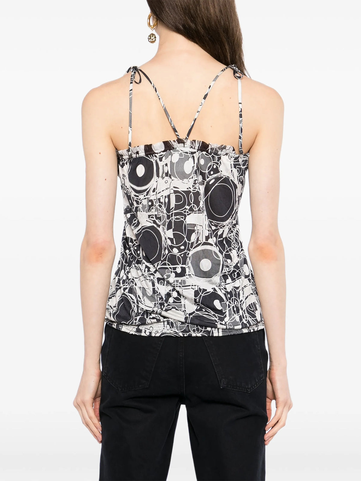 Chanel monochrome printed silk halterneck top with elegant design, showcasing smooth fabric and stylish halter neckline.