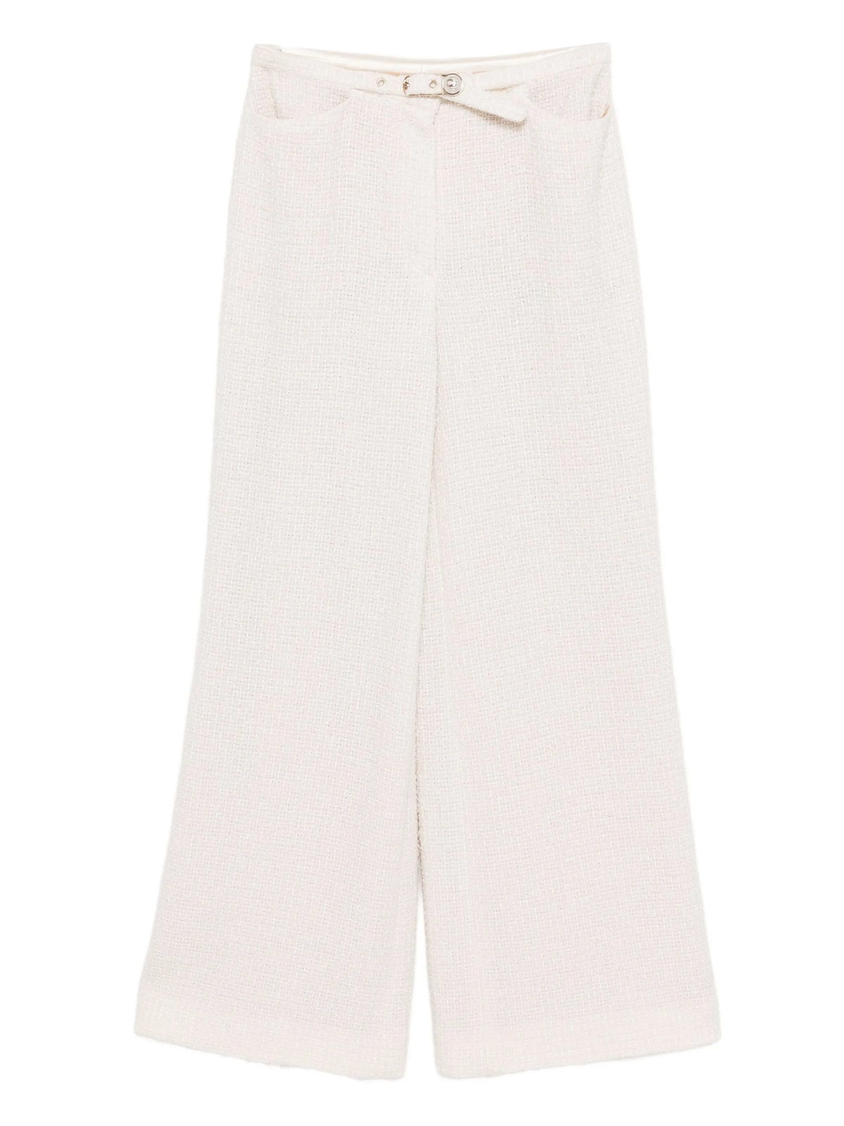 Cream Chanel tweed trousers with tailored fit and classic design, featuring textured fabric and elegant style.