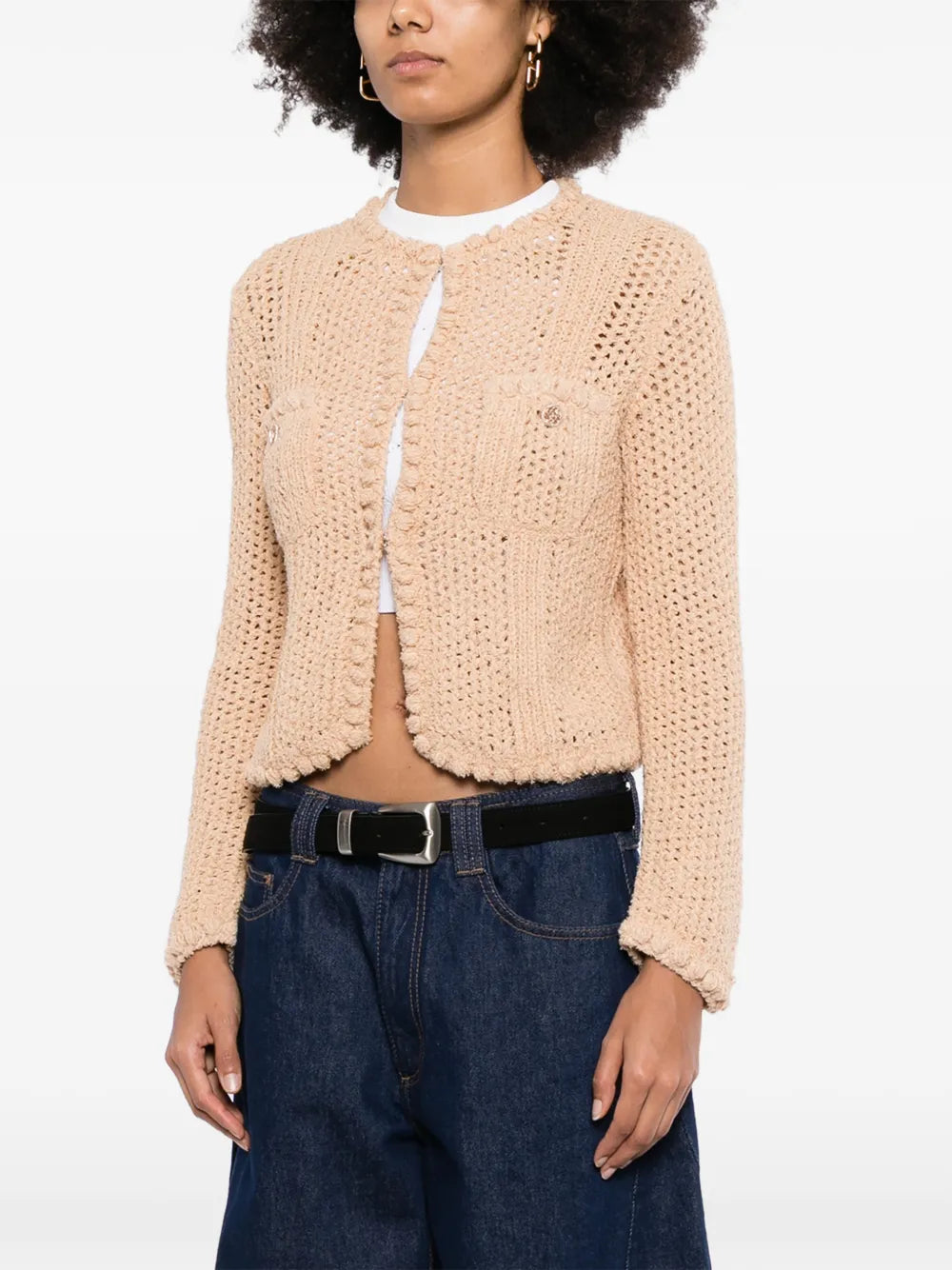 Chanel crochet knit cardigan, stylish cozy tops with intricate crochet pattern, soft fabric, and classic design.
