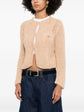 Chanel crochet knit cardigan, stylish cozy tops with intricate crochet pattern, soft fabric, and classic design.