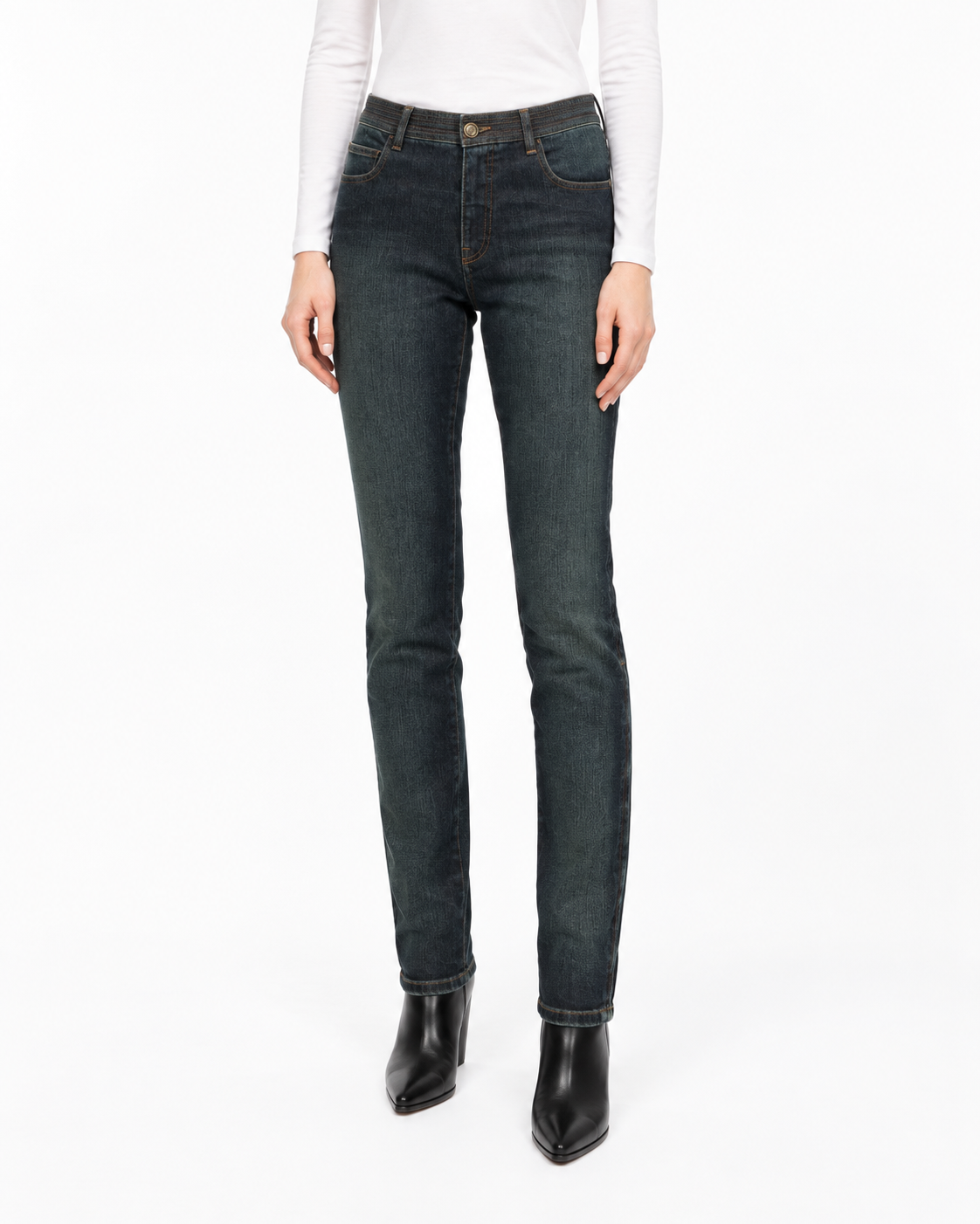 Chanel dark blue stonewashed skinny jeans with high-rise waist, slim straight silhouette, five-pocket construction and contrast brown stitching.