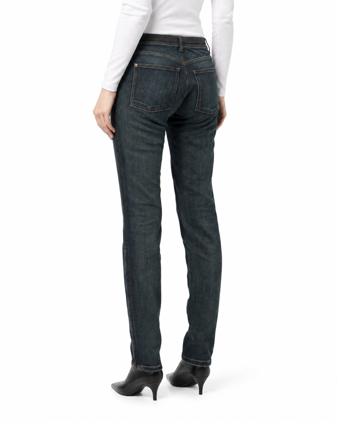 Chanel dark blue stonewashed skinny jeans with high-rise waist, slim straight silhouette, five-pocket construction and contrast brown stitching.