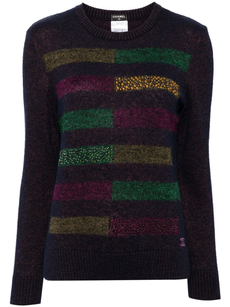 Chanel dark plum rhinestone striped knit jumper, stylish women’s top with fine-knit texture and decorative rhinestone details.