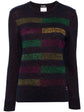 Chanel dark plum rhinestone striped knit jumper, stylish women’s top with fine-knit texture and decorative rhinestone details.