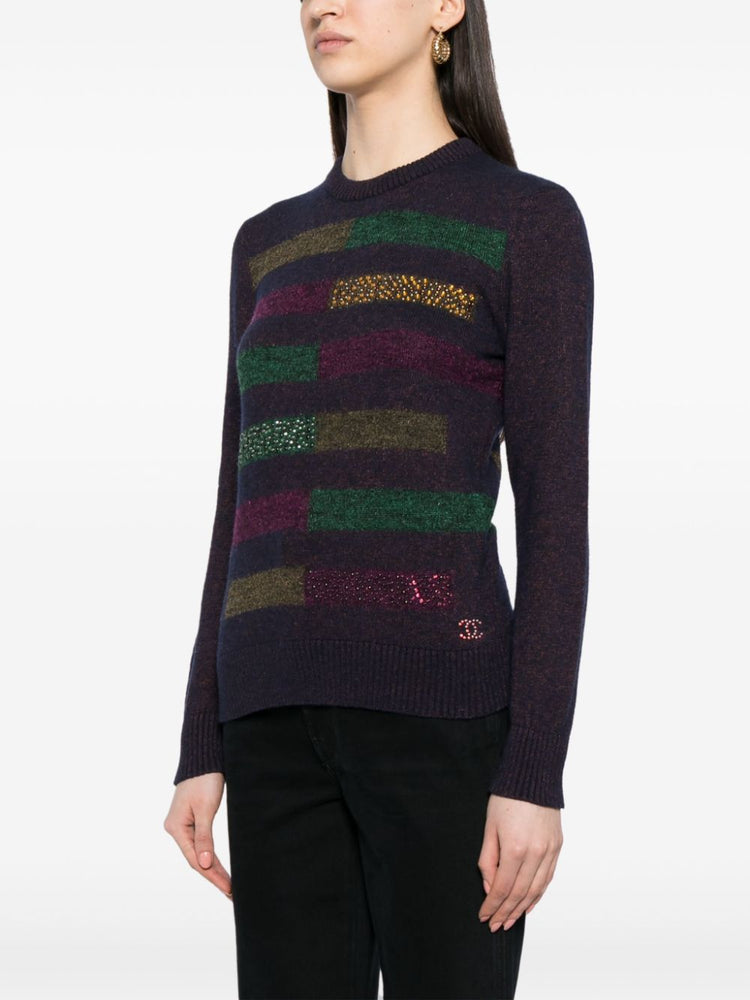 Chanel dark plum rhinestone striped jumper, a fine-knit top with shimmering embellishments, stylish and elegant for casual or dressy wear.