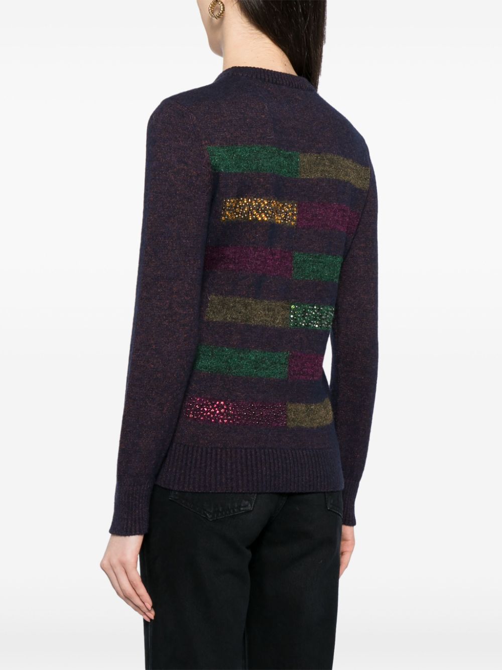 Dark plum Chanel rhinestone striped knit jumper, stylish tops with fine-knit texture and sparkling embellishments.