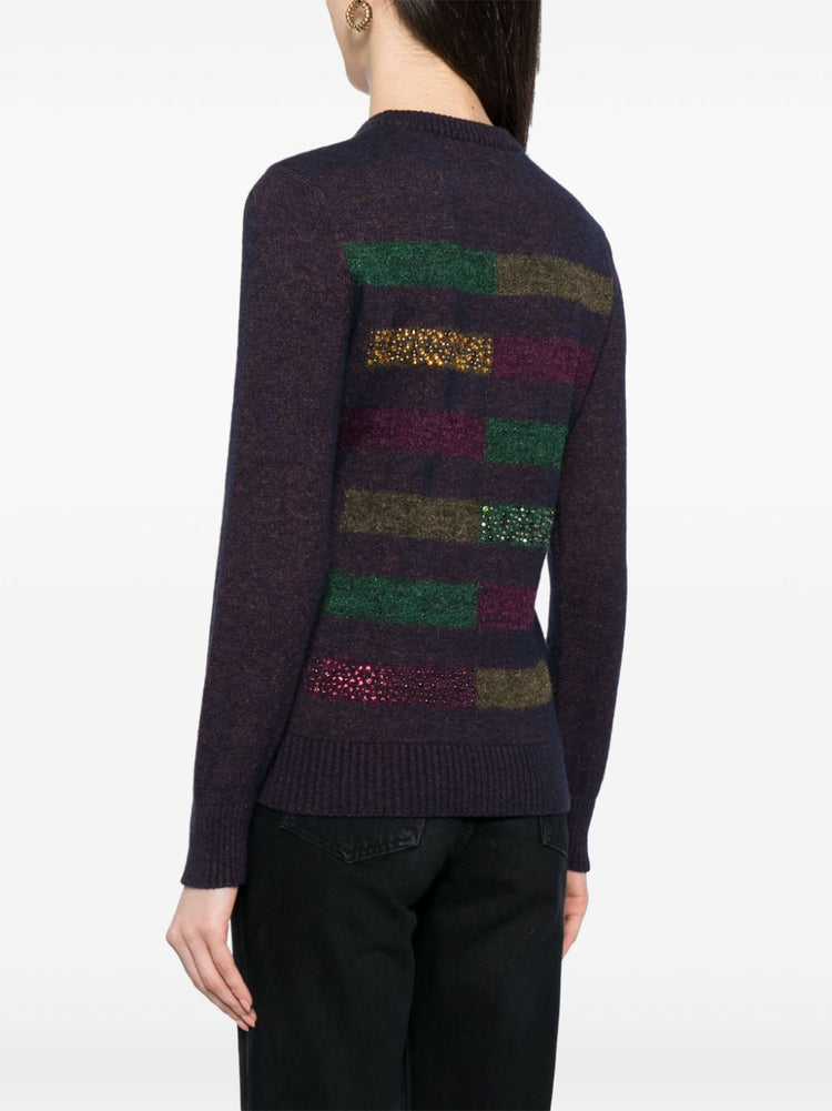 Dark plum Chanel rhinestone striped knit jumper, stylish tops with fine-knit texture and sparkling embellishments.