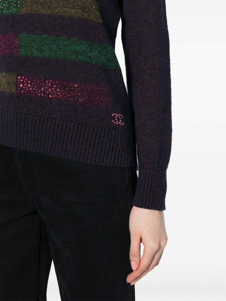 Chanel dark plum rhinestone striped jumper, a stylish knit top with intricate embellishments and fine craftsmanship.