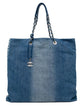 Chanel blue denim shopper bag with chain-and-denim shoulder straps, silver-tone CC charm, faded denim finish and rear quilted pocket with logo plaque.
