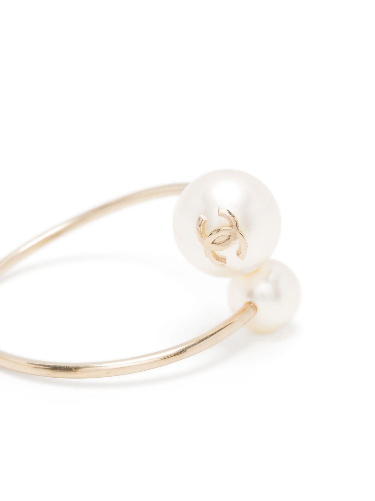 Chanel double faux pearl bangle bracelet with elegant pearl accents and sleek design, perfect for sophisticated accessories.