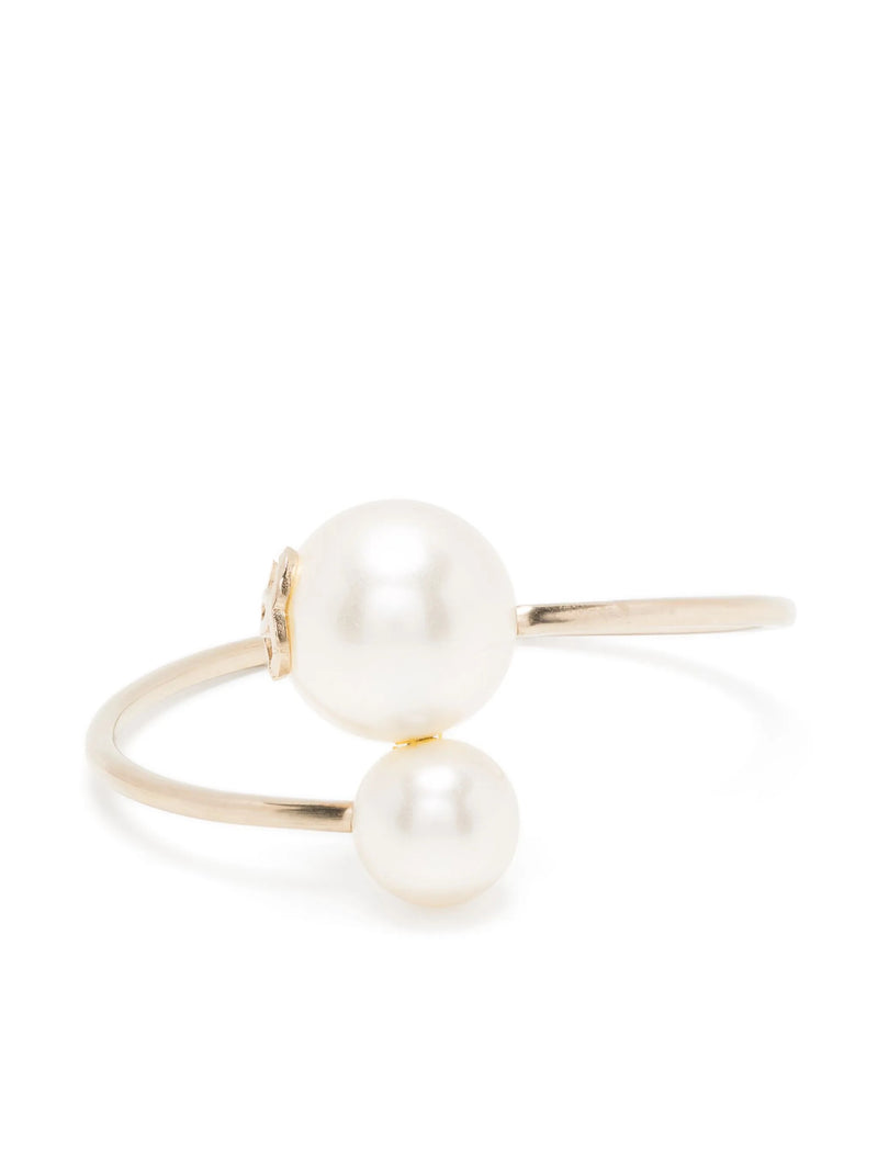 Chanel double faux pearl bangle bracelet with layered pearl design and sleek metal band, stylish jewelry accessory.