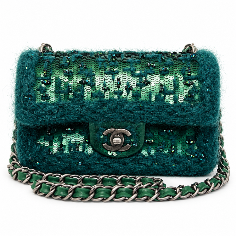 Green Chanel Tweed Braid Sequin mini rectangular flap bag with chain strap and elegant design.