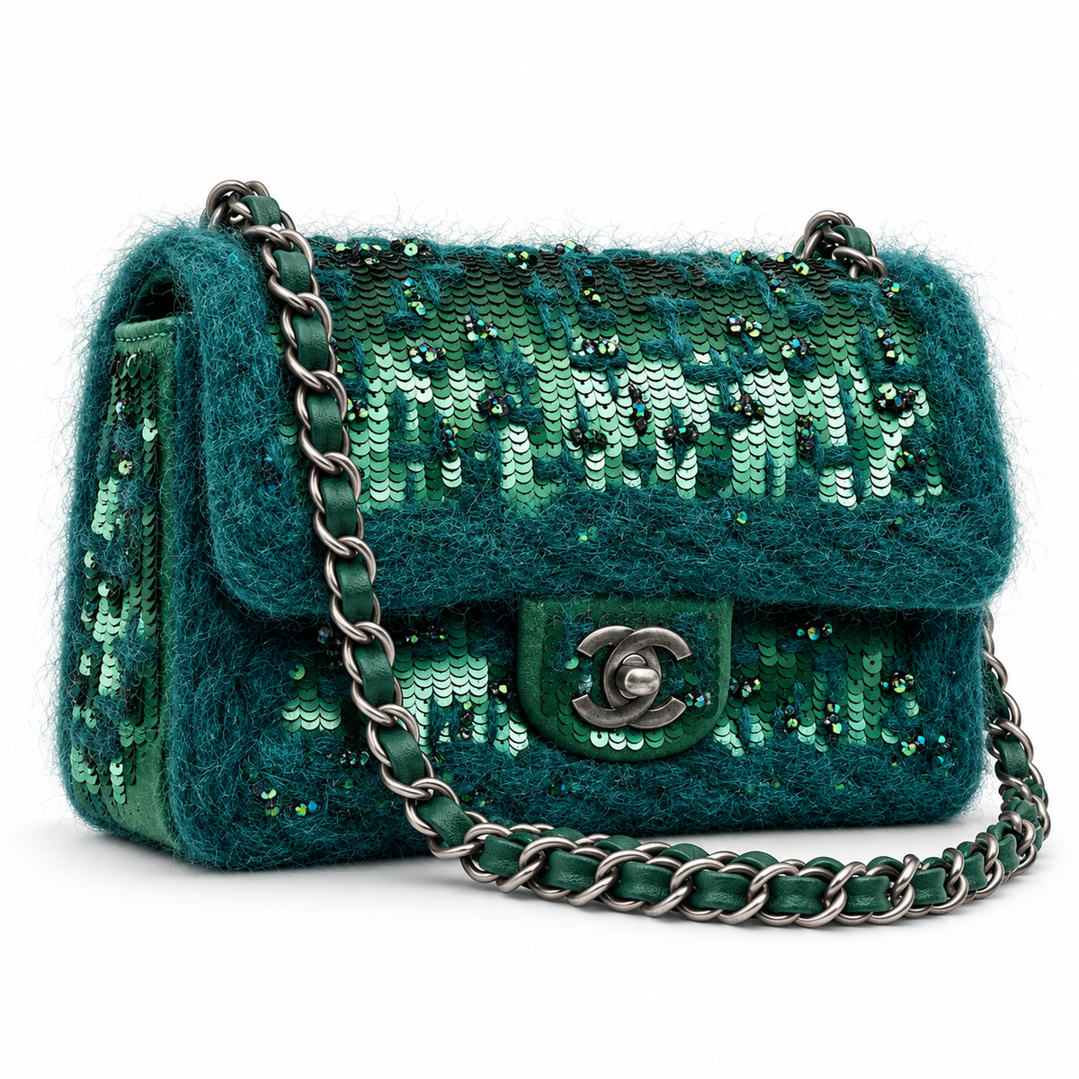 Green Chanel Tweed Braid Sequin Flap Bag with rectangular shape and gold-tone hardware, featuring a stylish handbag design.