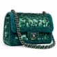 Green Chanel Tweed Braid Sequin Flap Bag with rectangular shape and gold-tone hardware, featuring a stylish handbag design.
