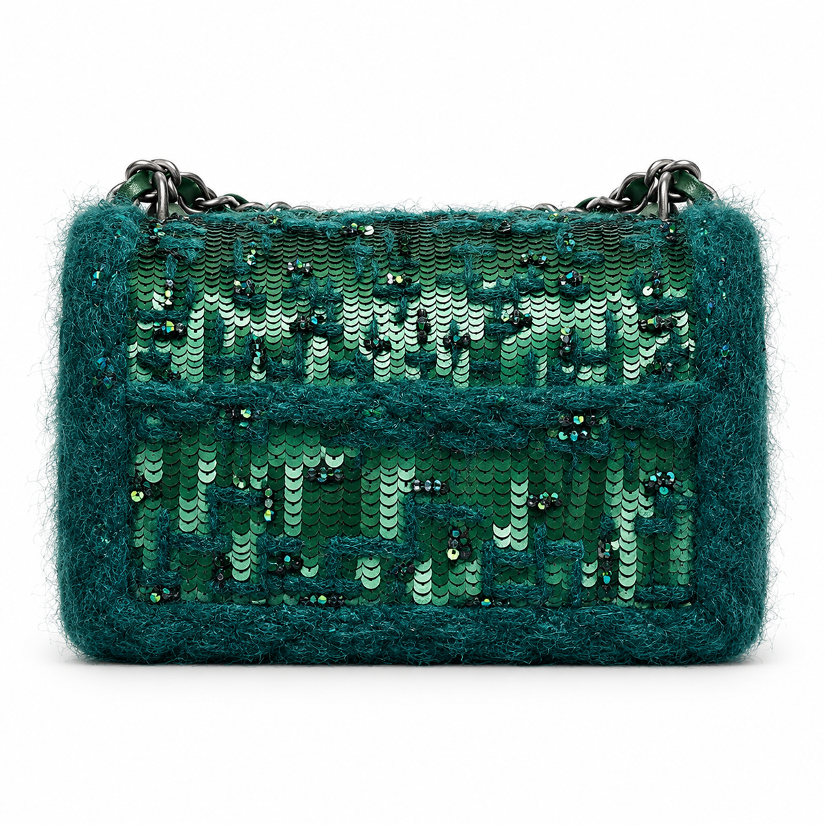 Green Chanel Tweed Braid Sequin Mini Rectangular Flap Bag with gold hardware and chain strap, elegant handbag for evening wear.