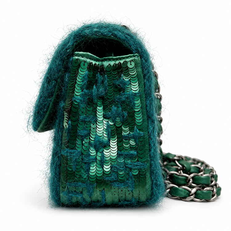Green Chanel Tweed Braid Sequin Mini Rectangular Flap Bag with gold-tone hardware and quilted design.