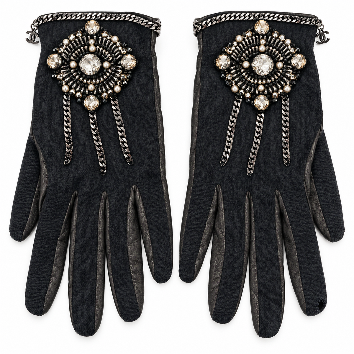 Chanel grey embellished gloves with gunmetal chain embroidery