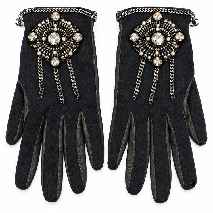 Chanel grey embellished gloves with gunmetal chain embroidery