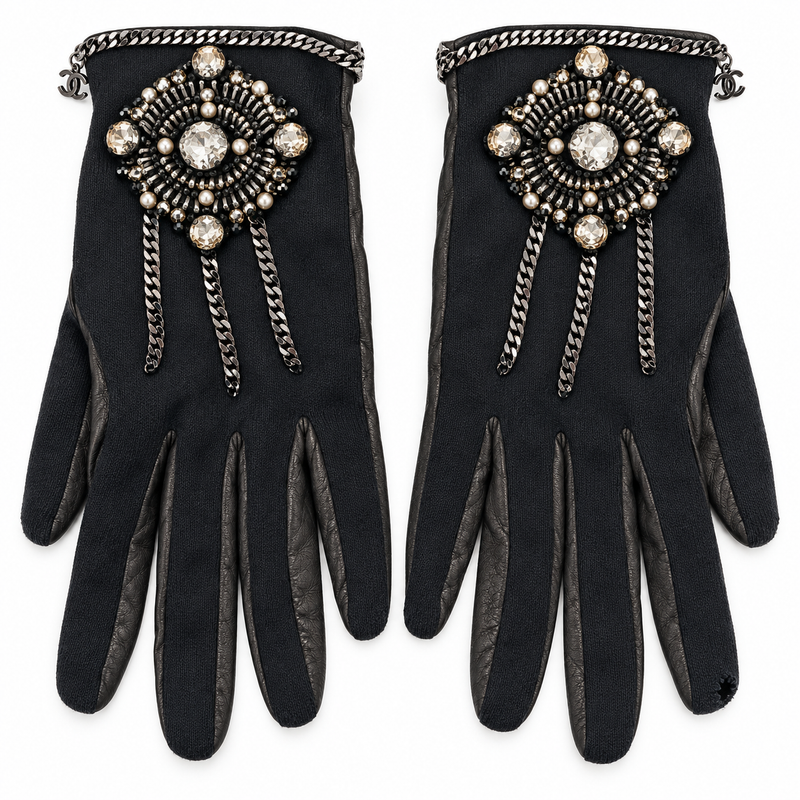 Chanel grey embellished gloves with gunmetal chain embroidery