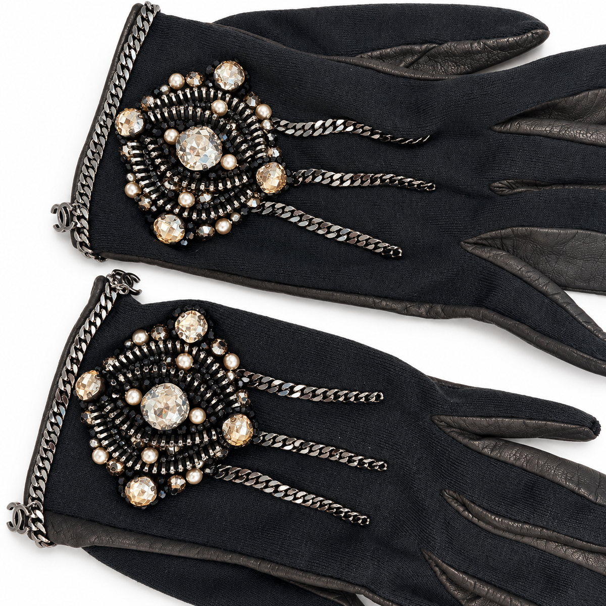 Chanel grey embellished gloves with gunmetal chain embroidery