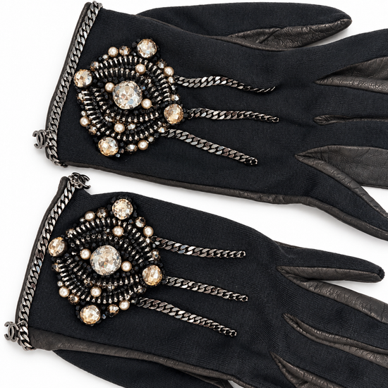 Chanel grey embellished gloves with gunmetal chain embroidery