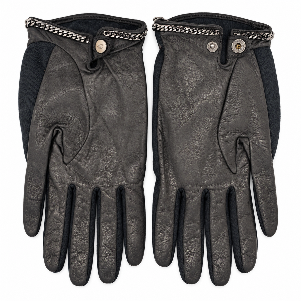Chanel grey embellished gloves with gunmetal chain embroidery