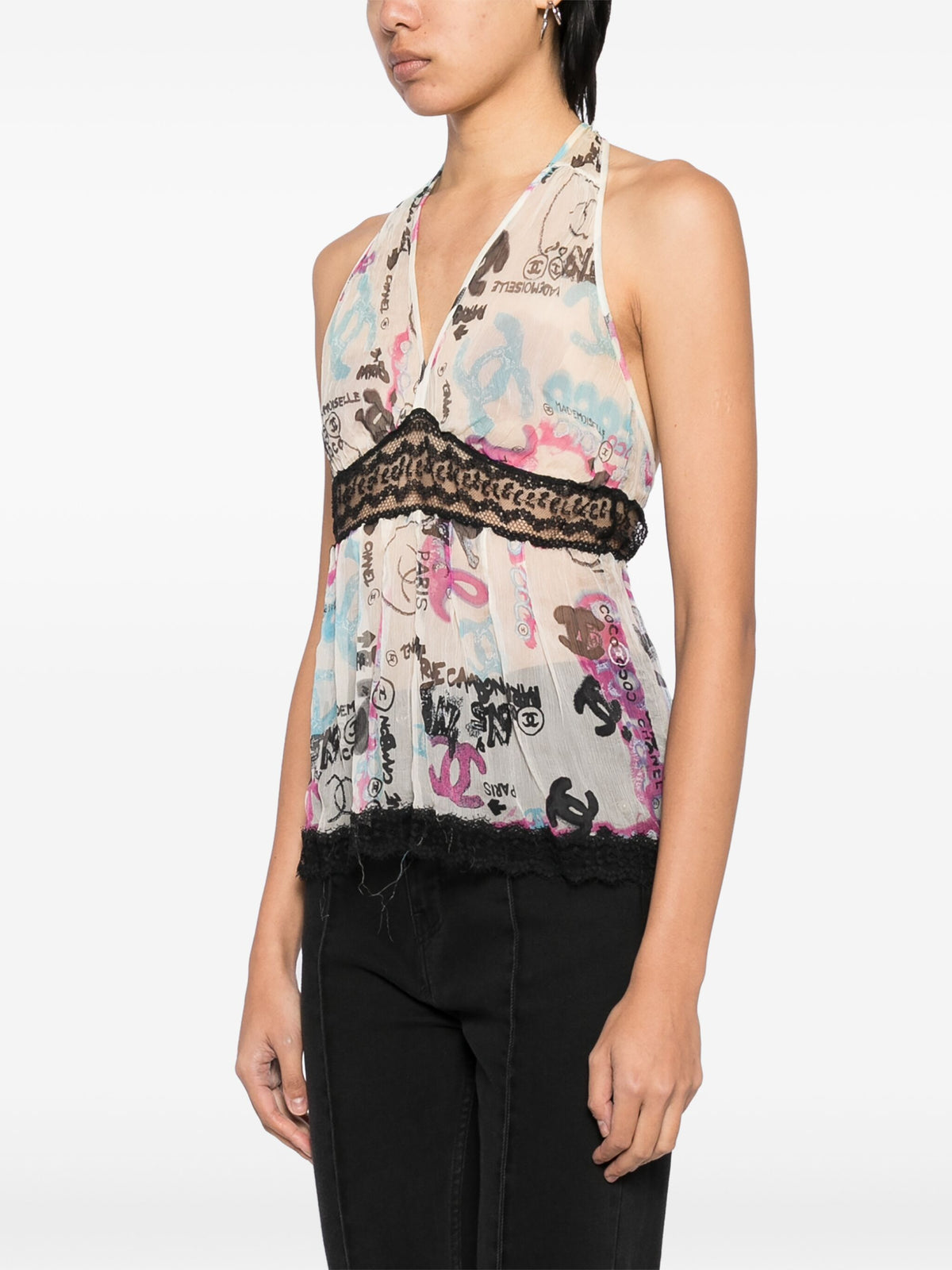 Ivory silk halter neck top by Chanel featuring multicolour graffiti print, stylish and elegant women&