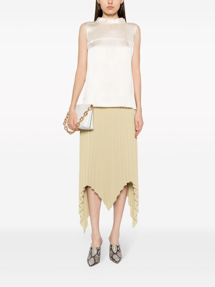 Ivory Chanel sleeveless silk satin mock-neck top displayed on a hanger, highlighting smooth fabric and elegant design.
