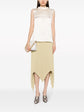 Ivory Chanel sleeveless silk satin mock-neck top displayed on a hanger, highlighting smooth fabric and elegant design.