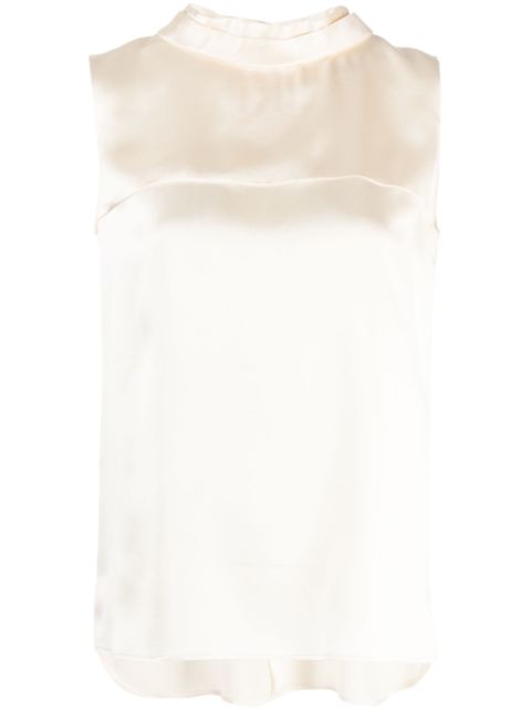 Ivory Chanel sleeveless silk satin top with mock-neck neckline, elegant and lightweight for sophisticated style.