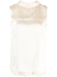 Ivory Chanel sleeveless silk satin top with mock-neck neckline, elegant and lightweight for sophisticated style.