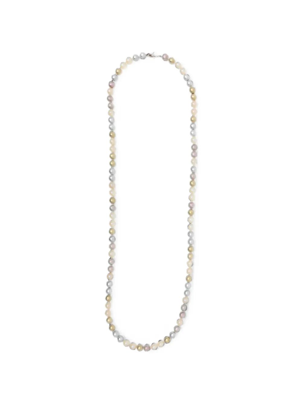 Chanel long single-strand sautoir necklace featuring a blend of champagne, silver-grey, and cream faux pearls with a metal clasp.