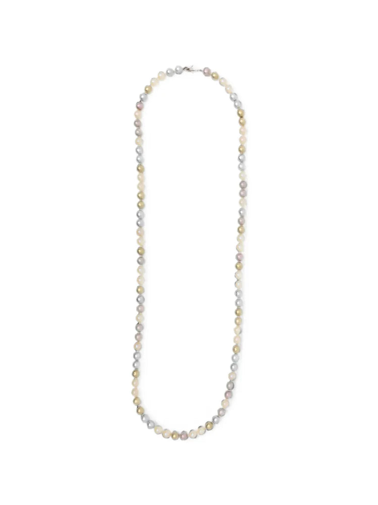 Chanel long single-strand sautoir necklace featuring a blend of champagne, silver-grey, and cream faux pearls with a metal clasp.