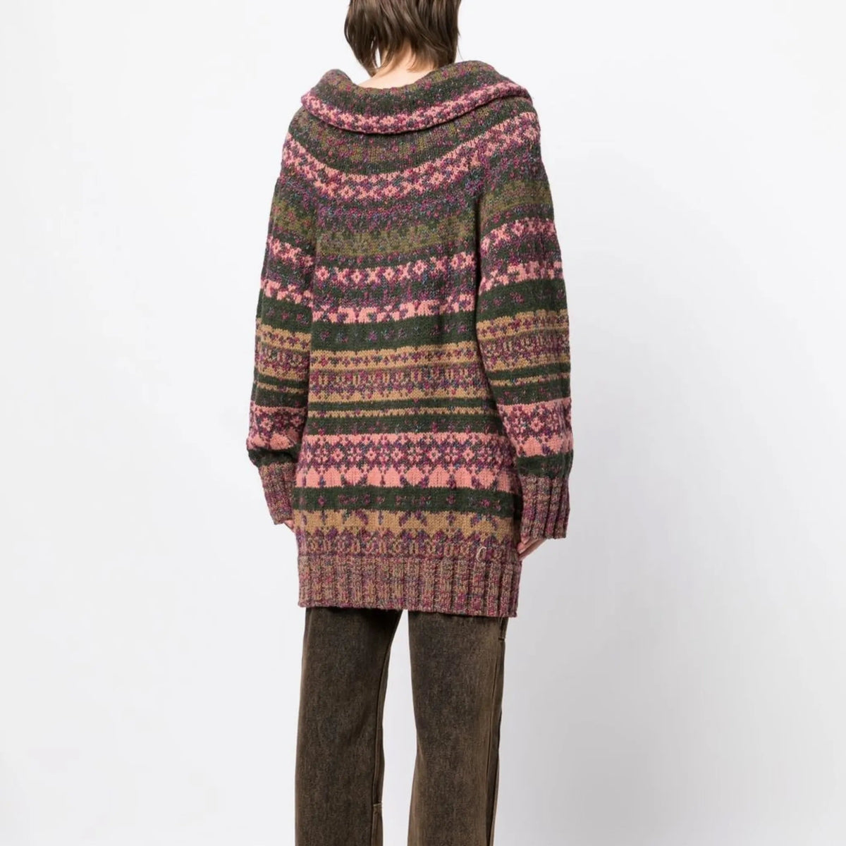 Chanel multicolour intarsia knit cardigan featuring a patterned design, long sleeves, and button closure, stylish blazer or jacket.