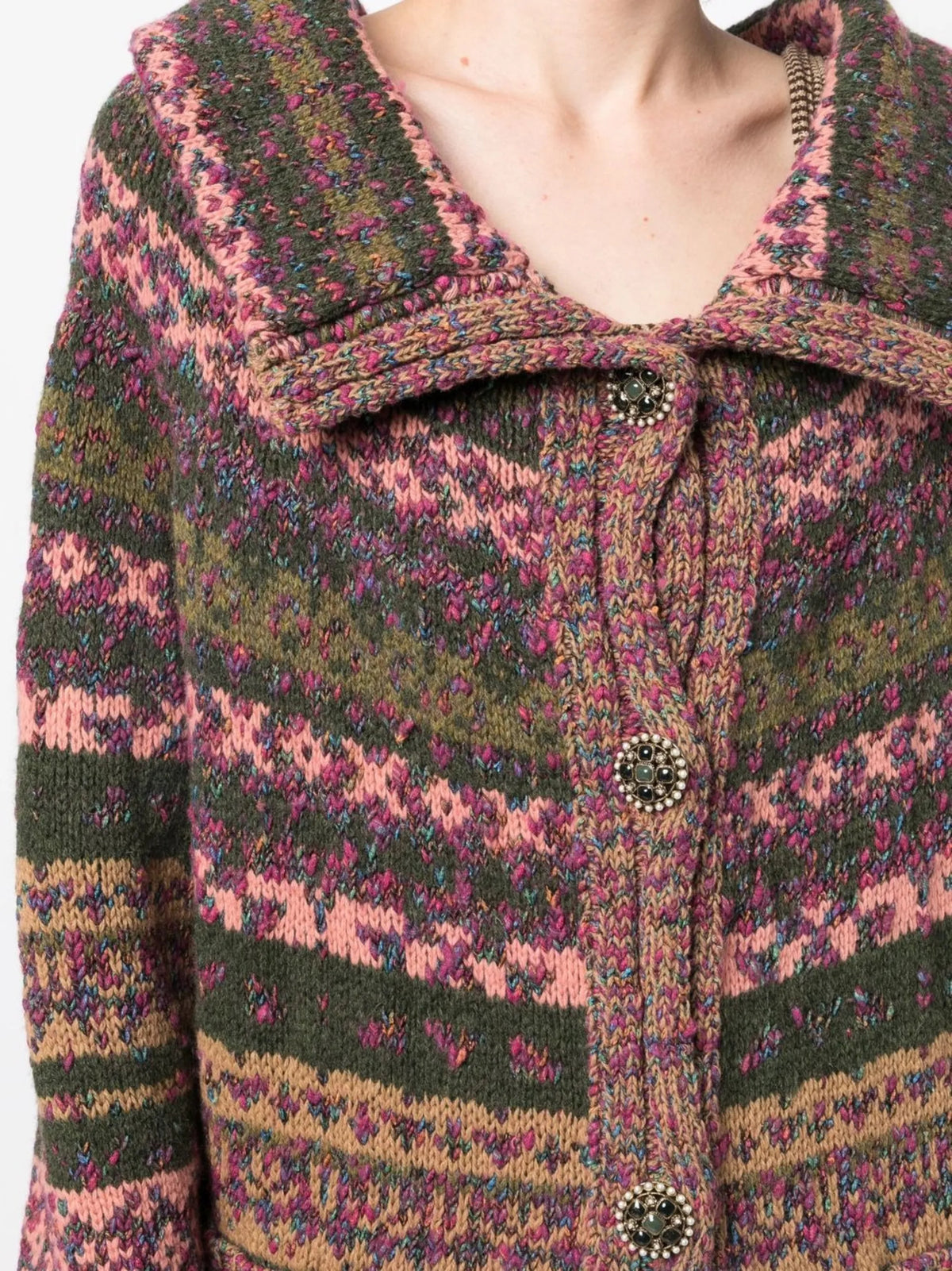 Chanel multicolour intarsia knit cardigan featuring a stylish blazer and jacket design with intricate pattern details.