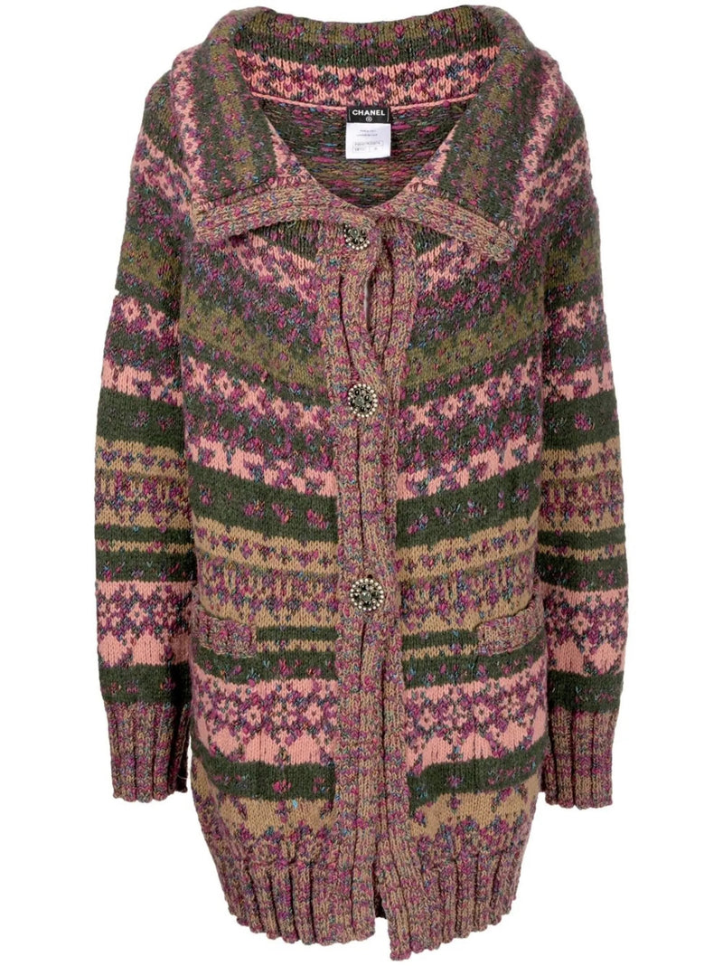 Chanel multicolour intarsia knit cardigan with a cozy, patterned design, styled as a blazer or jacket for a chic look.