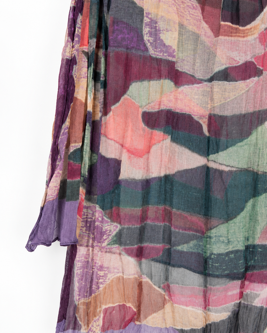 Chanel multicolour pleated silk scarf with abstract painterly print, purple border, lightweight semi-sheer finish and long rectangular silhouette.