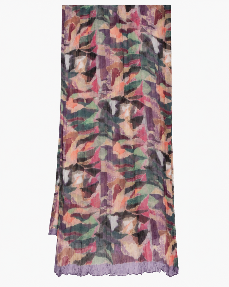 Chanel multicolour pleated silk scarf with abstract painterly print, purple border, lightweight semi-sheer finish and long rectangular silhouette.